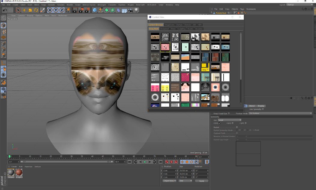 plugins4d's tweet image. Video showing the Paint Brush based on the Sculpting System. Paint &amp;amp; Stamps, Stencils symmetrically: vimeo.com/239219840 #c4d #cinema4d