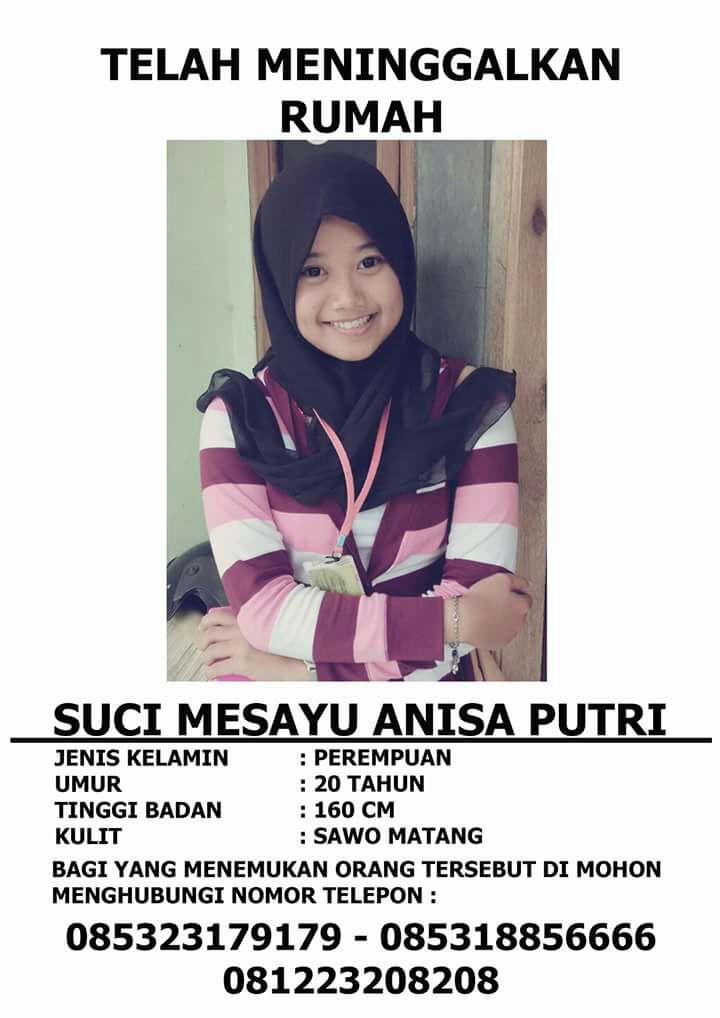 Mohon bantu Tweeps.. Pak Aang Heriyana mencari anaknya bernama Suci Mesayu Anisa Putri (20th), sudah dua minggu lalu belum kembali ke rumah.