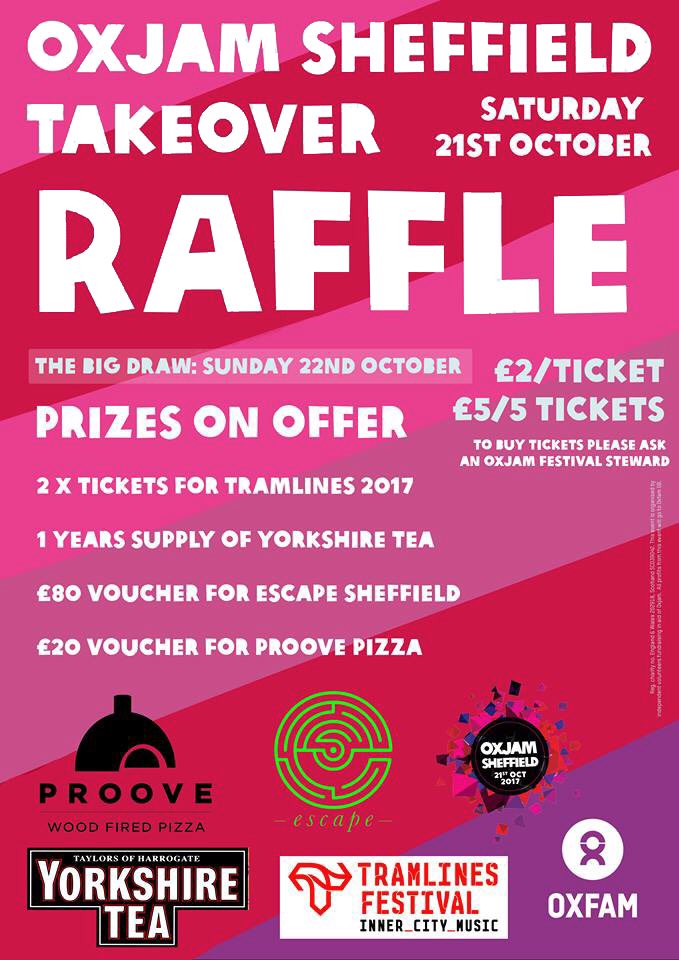 OxjamSheffield's tweet photo. We are holding the RAFFLE OF ALL RAFFLES today at Oxjam Festival! 2 x @Tramlines tickets - 1 years supply of @YorkshireTea - £80 voucher for @SheffieldEscape Rooms - £20 voucher for @ProovePizza - find out more 👉 https://t.co/wM1lLovxqU… #sheffieldissuper https://t.co/xwyVNSa8NR