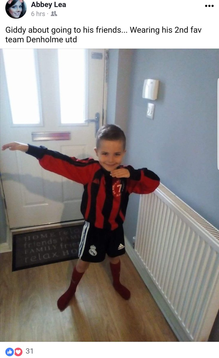 DenholmeUnited's tweet photo. Our first ever DUFC replica shirt being worn here by our no.1 fan! Shame about the shorts #RealWho? #UpTheStags #DUFC https://t.co/jM9wIPWeGY