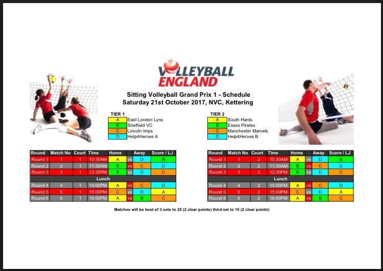 ManchesterSVB's tweet image. The schedule for today’s #sittingvolleyball Grand Prix! #letsgo #manchester @VballEngland