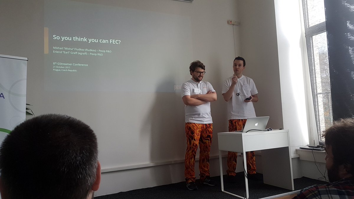 The @PexipInc team on stage at the <a href="/gstreamer/">GStreamer</a> conference. "So you think you can FEC"? #PexipOnFire