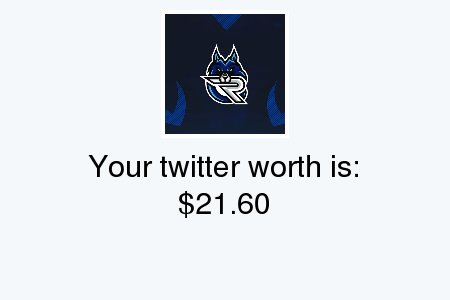 Negro_Bigro's tweet photo. My Twitter worth is: $21.60

Find yours with https://t.co/F3NDYDCwsv

. https://t.co/zk6ifOWykU