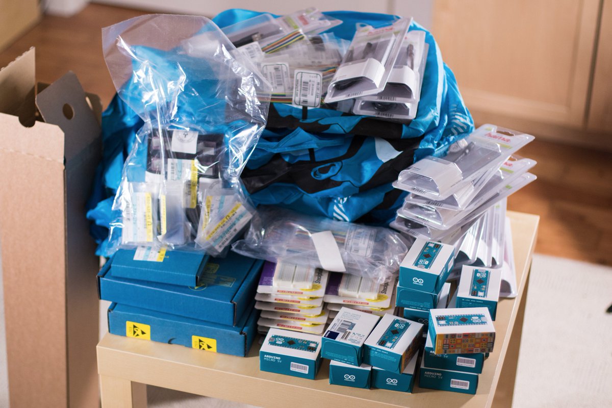 intotechconf's tweet photo. Sneak peek at our workshop in planning: @ConradAT has been very generous and donated a bunch of electronics kits that arrived this morning https://t.co/B0m1sIpTmT