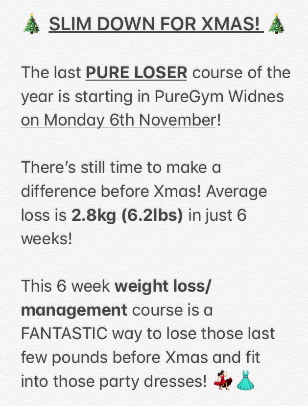nicolaneed's tweet photo. PURE LOSER IS BACK for the last time before Xmas! 🌟

Have a read about the course below 😀 #pureloser #weightloss @PureGym_WIDNES @PureGym https://t.co/CeLxmdKZHi