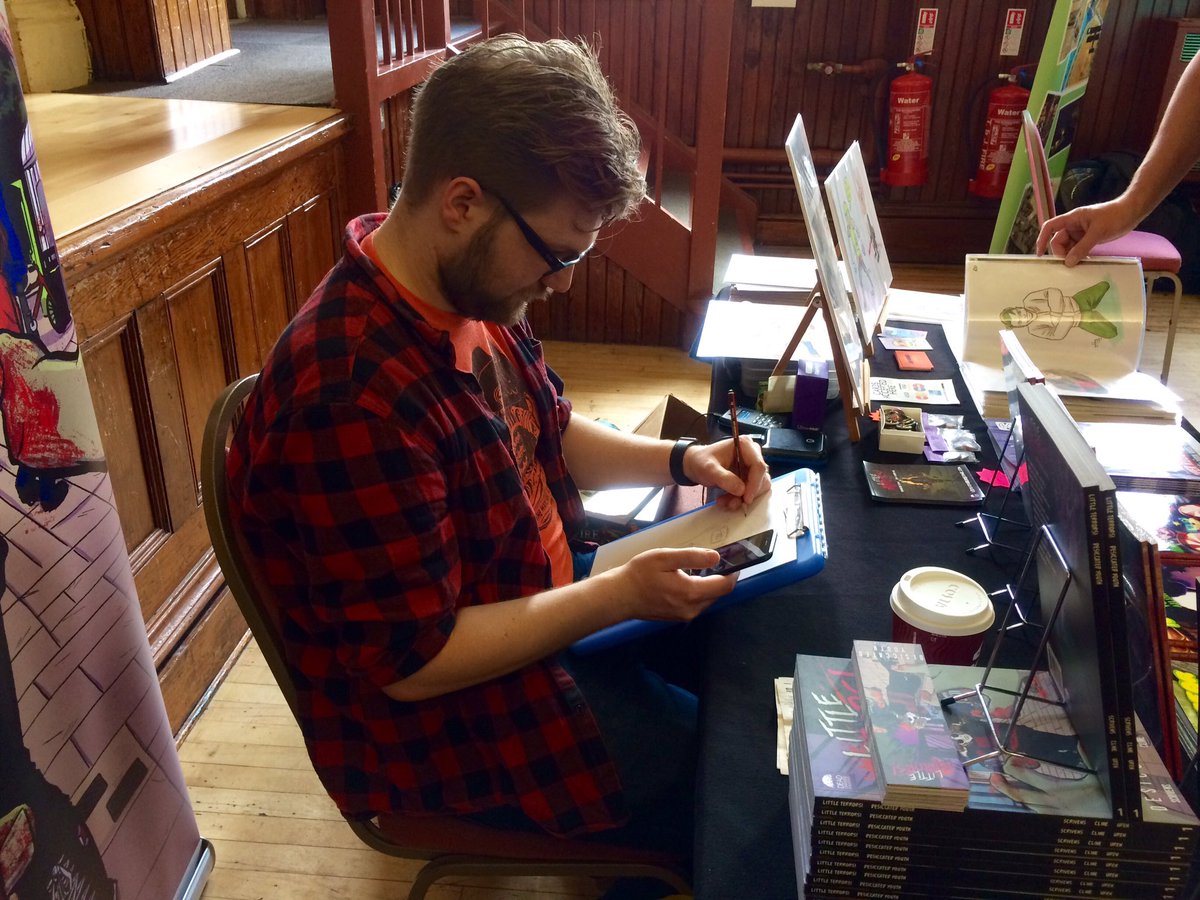 We're at <a href="/Gamesfest/">Games innovation Fest 2020</a> today! @JonScrivens is already on the #commissions. #comics #prints #zombieportraits Come and say hi!