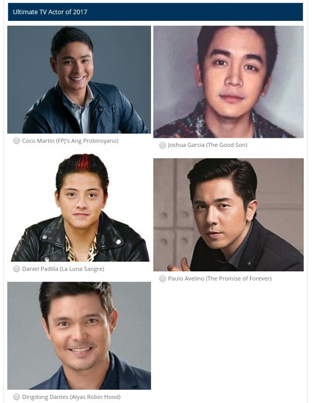 PollBayan's tweet photo. WHO'S YOUR ULTIMATE TV ACTOR OF 2017?
@COCOliciousFC @imdanielpadilla 
@iamdongdantes 
@iamjoshuagarcia 
@mepauloavelino https://t.co/zjTa68EKgN