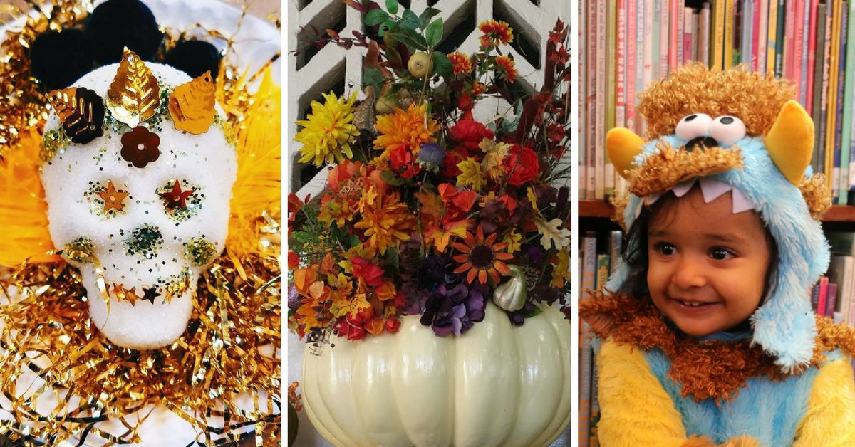 sugar skull, fall decoration, and child in Halloween costume