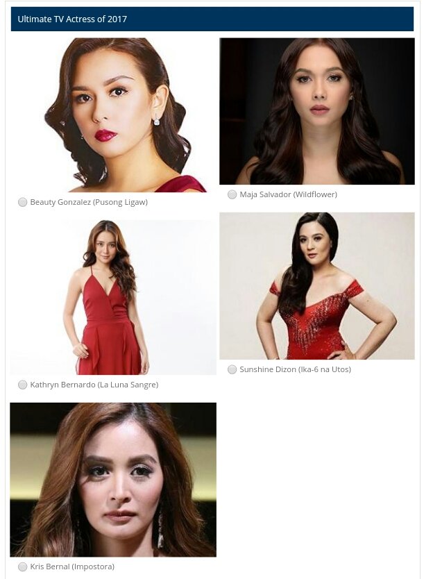 PollBayan's tweet photo. WHO'S YOUR ULTIMATE TV ACTRESS OF 2017?
@beautygonzalez_ 
@bernardokath 
@krisbernal 
@dprincessmaja 
@m_sunshinedizon https://t.co/f0WxlNMurP