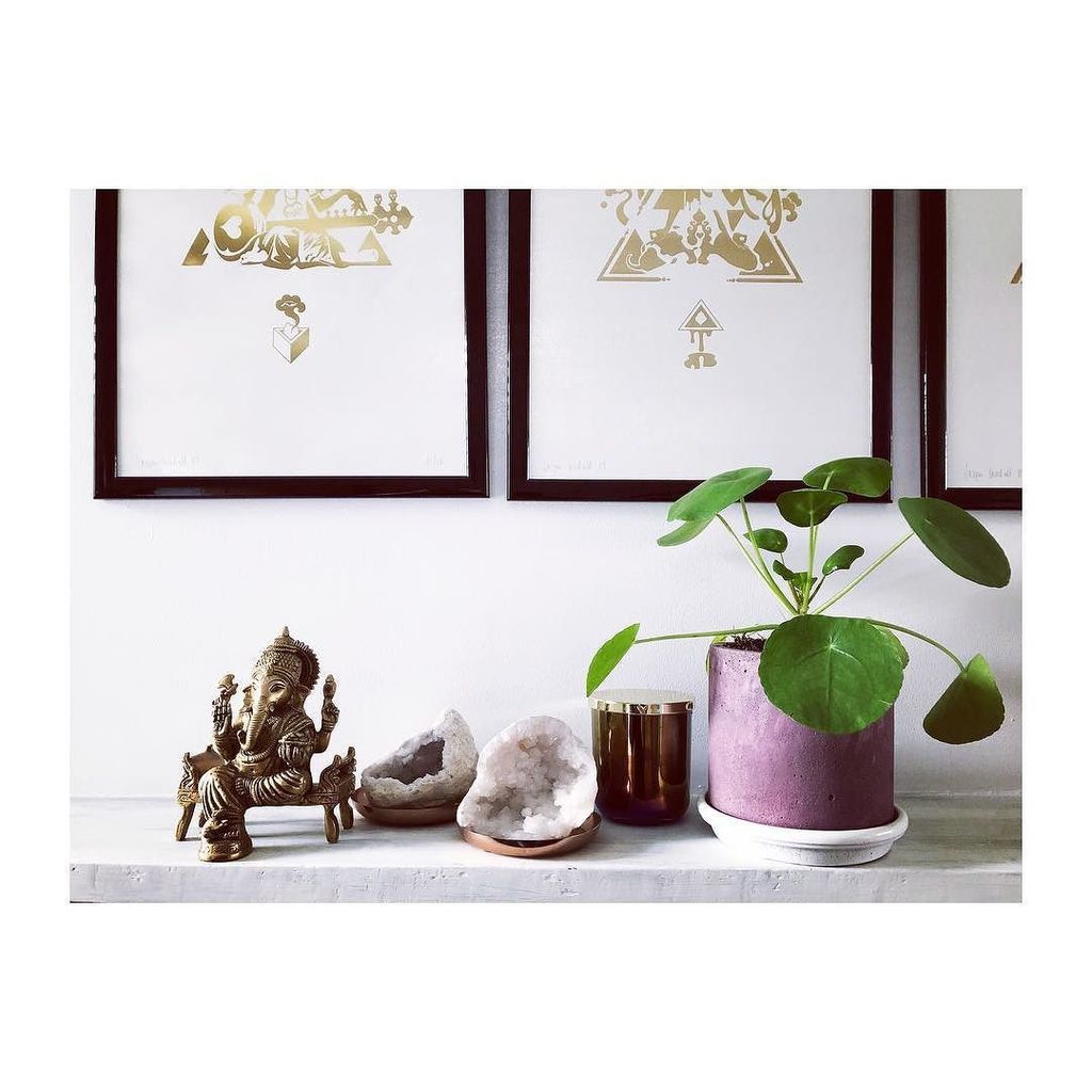 Spiritual mash up on the mantelpiece now #Ganeshagoesgreen with my new #chinesemoneyplant @smithandgoat 😍🌿💚💜 ift.tt/2hVH70d