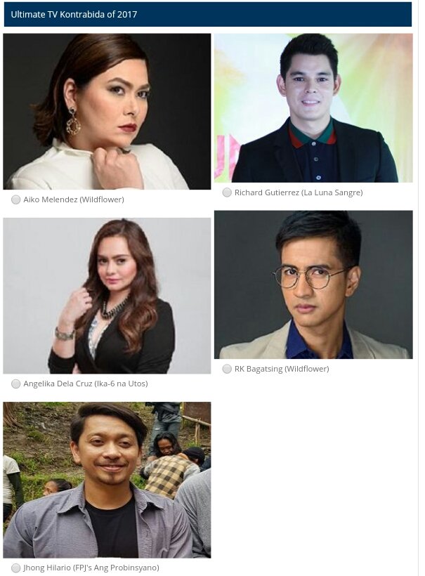 PollBayan's tweet photo. WHO'S YOUR ULTIMATE TV KONTRABIDA OF 2017?
@Aikomelendez31 
@angelikadelacruz
@jhongsample 
@itsrichardG 
@rkbagatsing https://t.co/zisXT3qklO