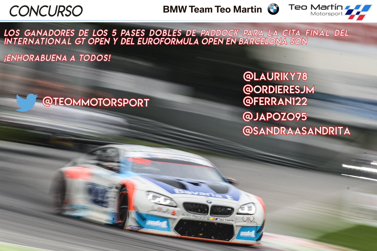 msiracingteam_'s tweet photo. Los ganadores de los 5 pases dobles para Barcelona son: 
@lauriky78, @ordieresjm, @Ferran122, @JAPozo95, @SANDRAASANDRITA 
¡Enhorabuena! https://t.co/F7wQXILCmP