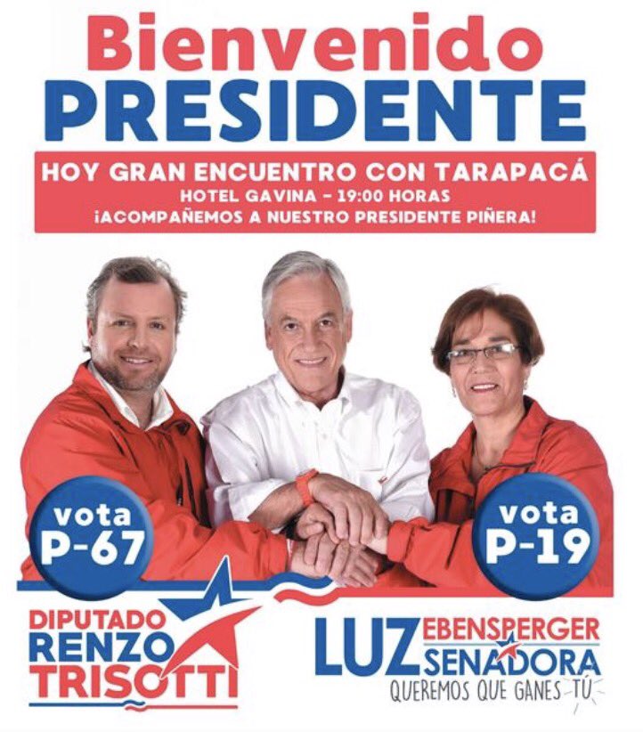 UdiTarapaca's tweet photo. Bienvenido @sebastianpinera a #Tarapacá!!! Junto a @Luzebensperger y @RenzoTrisotti trabajamos día a día para que vengan #TiemposMejores!!! https://t.co/hw9oWQIy3V