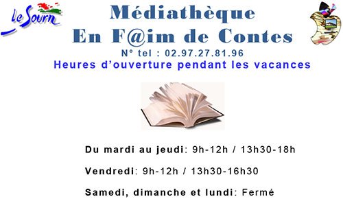 LeSourn56's tweet photo. Rappel des heures d'ouverture de la Médiathèque #LeSourn ⌚️ https://t.co/aBwb8IXIUM