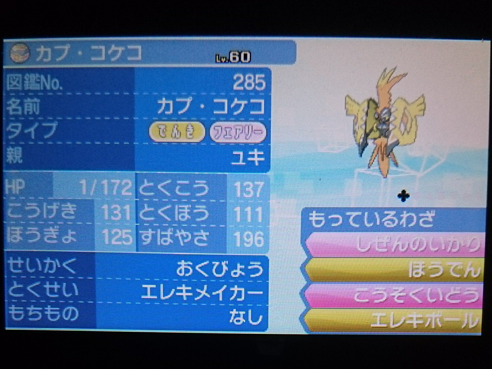 朔 ポケモンアカ 出 自己産 カプ コケコ ボール ゴージャスボール せいかく おくびょう めざパ 地面 努力値 無振り 詳細は画像 Ds不良で時間くるい カーニバル ピカチュウ メタモン ミミッキュ サトピカ シンオウ イッシュ アローラ 性格