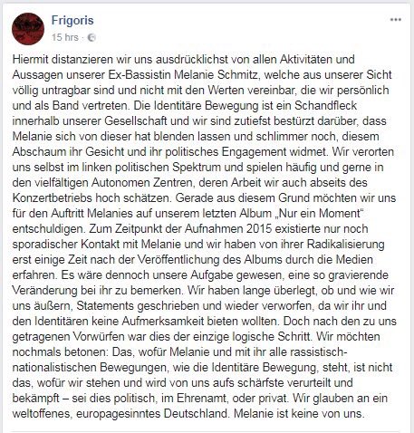 stoerungsblog's tweet photo. Deutliches Statements der Band #frigoris, in der Melanie Schmitz von der Identitären Bewegung früher mal gespielt hat. https://t.co/3Z4EMBN729