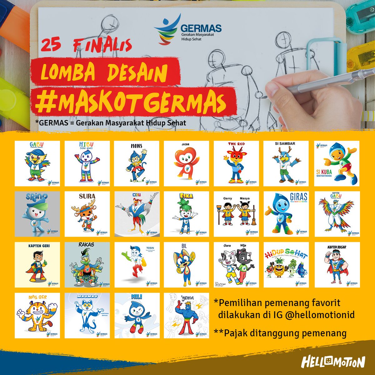 HelloMotionID's tweet photo. Pemilihan pemenang favorit nya sudah dimulai nih! Yuk like karya favorit kamu di IG @hellomotionid! >> https://t.co/sL9TieU0mA #MaskotGERMAS https://t.co/sYUrVBbMCv