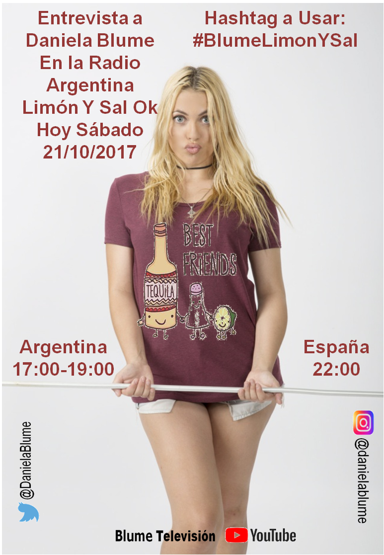 RenataMilla2's tweet photo. Hoy Sábado  Entrevista a  @DanielaBlume  en @limonysalOK 📻 Hashtag a usar: #BlumeLimonYSal   Argentina 17:00-19:00🎧 y  España 22:00🎧💋💋 https://t.co/mV9Yqmnm7H