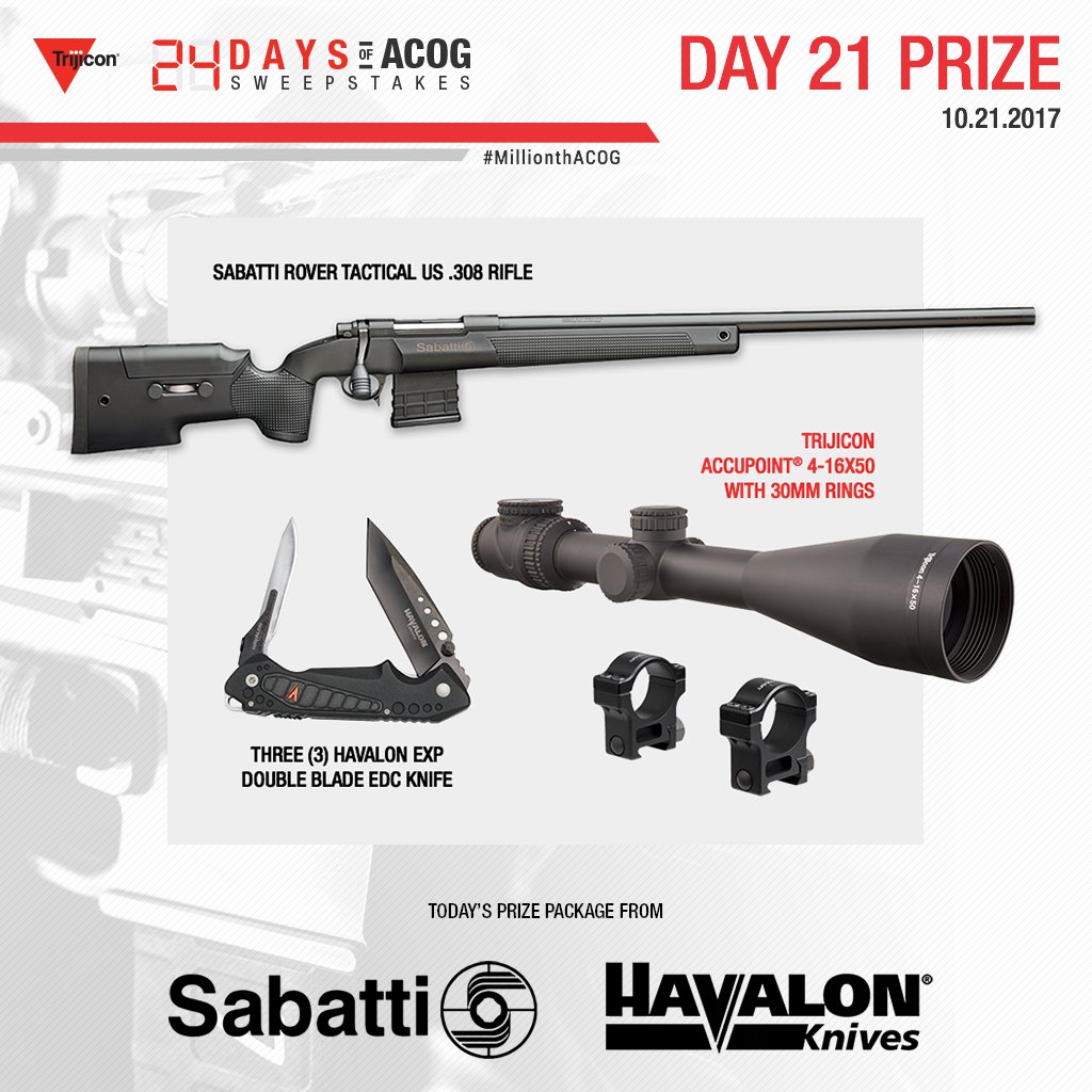 Want to win a Sabatti Tactical rifle, a <a href="/HavalonKnives/">Havalon Knives</a> set of knives and a Trijicon riflescope? Go to MillionthACOG.com #MillionthACOG