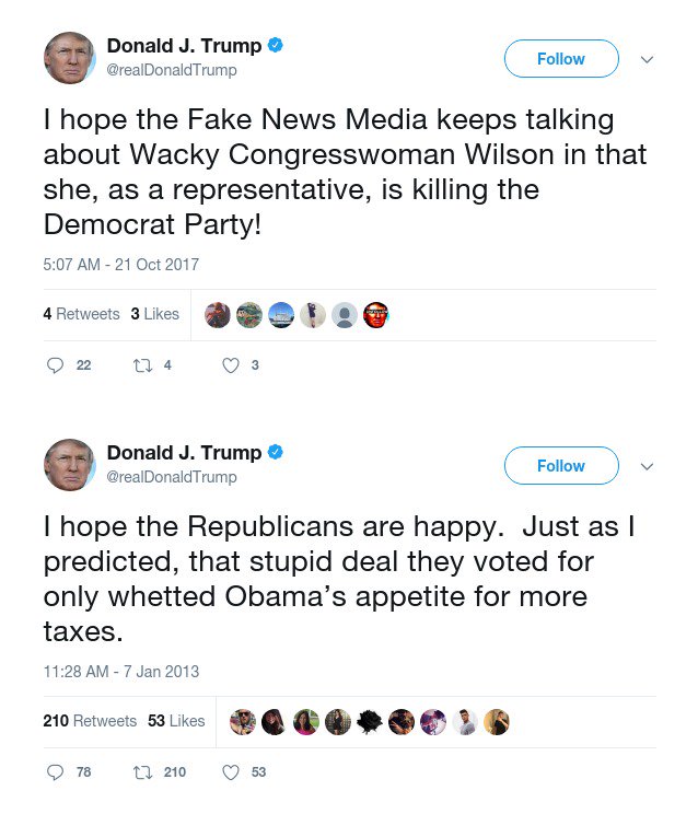 TrumpOfYore's tweet photo. According to me, the top tweet evokes the bottom one from January 2013. https://t.co/vhTulcnUTP