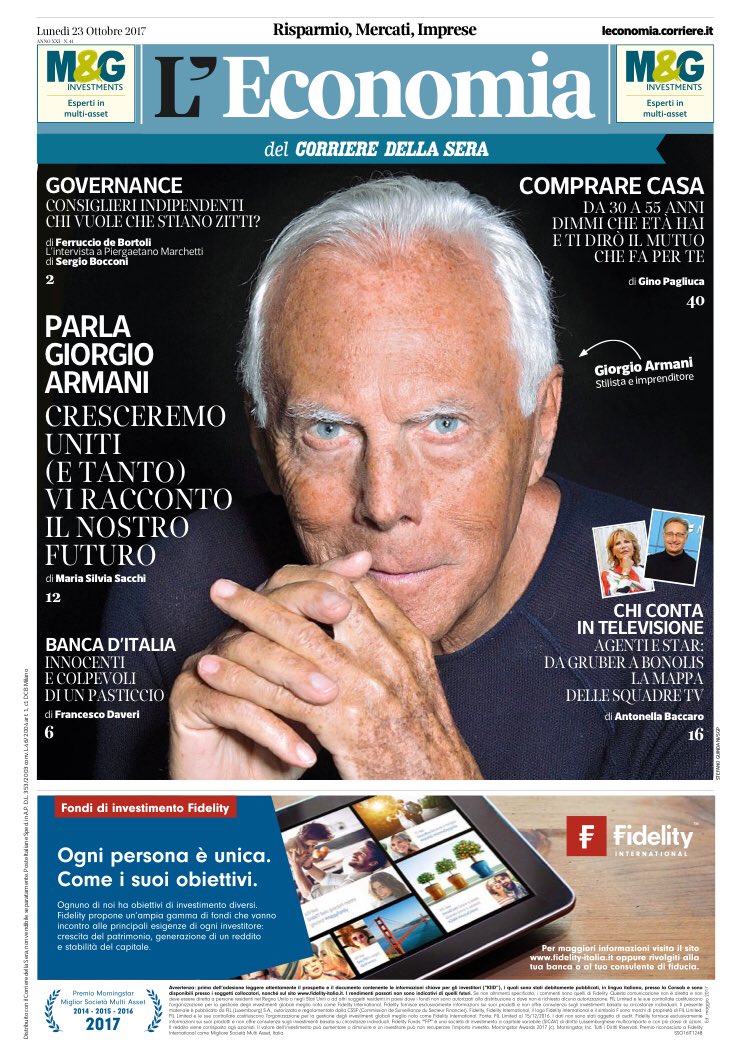 massimosideri's tweet photo. Da Armani che vuole crescere a @DeBortoliF sui consiglieri indipendenti @L_Economia che ci aspetta in edicola lunedì (gratis con @Corriere ) https://t.co/XFWdyglJuW