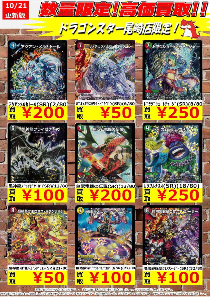 ドラゴンスター尾崎店 No Twitter ﾎﾞﾙﾒﾃｳｽﾎﾜｲﾄﾄﾞﾗｺﾞﾝ Sr 6 80 50 超神星ｱﾎﾟﾛﾇｽﾄﾞﾗｹﾞﾘｵﾝ Sr 21 80 50 黒神龍ﾌﾞﾗｲｾﾞﾅｰｶﾞ Sr 12 80 100 等々 高価買取実施中 10 21 21 30現在 ﾃﾞｭｴﾙﾏｽﾀｰｽﾞ 買取 T Co P2vifvcjwz