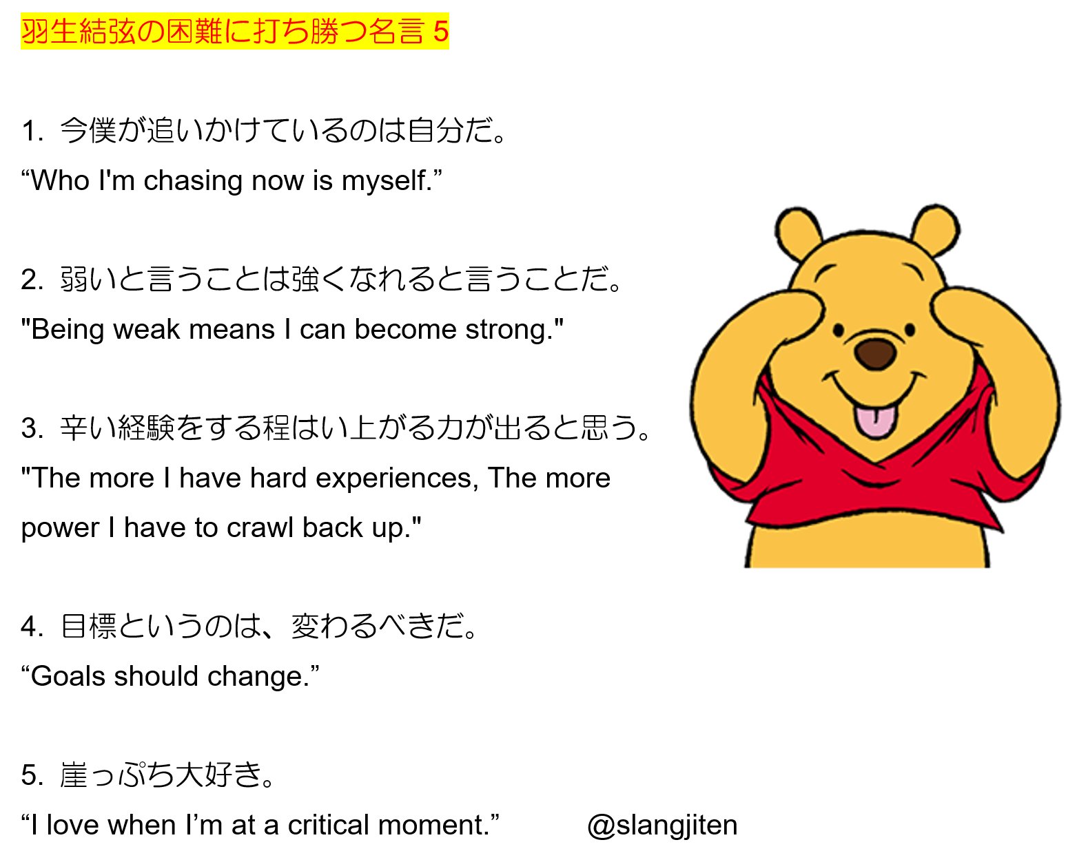 原田高志の英会話 英語スラング 略語講座 羽生結弦名言 A 1 今僕が追いかけているのは自分だ 2 弱いと言うことは強くなれると言うことだ 3 辛い経験をする程這い上がる力が出ると思う もし君が100歳まで生きるのなら 僕は100歳から1日引いた分