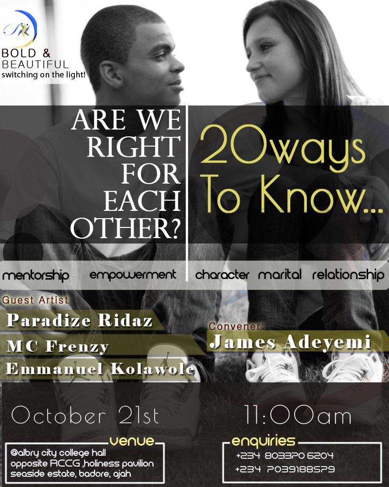 boldbeautifulng's tweet photo. Avoid a partner that will downgrade your abilities. @LanreAdeyemi 
#Marriage #Couples 
@DaystarNG @ElevationChurch https://t.co/zOgrmRgo8b