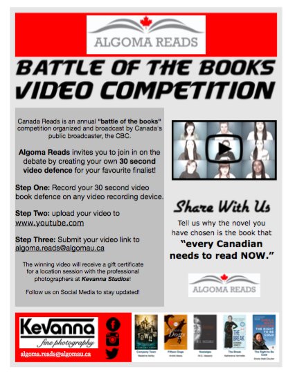 Algoma Reads invites you to submit your 30 second video defence to the Battle of the Books Video Competition! Follow us to learn more!