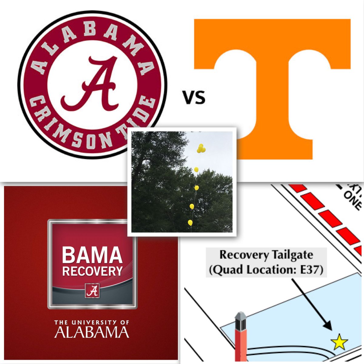 BamaRecovery's tweet photo. Get up! It’s game day y’all! Tailgate starts @ 11:30! Beside Denny Chimes, look for the yellow balloons! #RollTideRecovery https://t.co/JcR4Bc8MUu