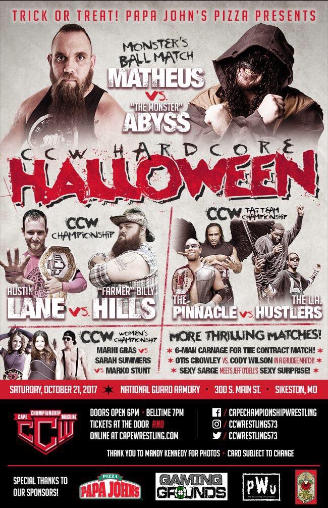 CCWrestling573's tweet photo. Tonight!!! #CCWHardcoreHalloween In #Sikeston!!! Come See @TherealAbyss Vs @TheMadViking13 In #MonstersBall ! Doors At 6pm! Bell Time 7pm! https://t.co/S6sBLm3hA6