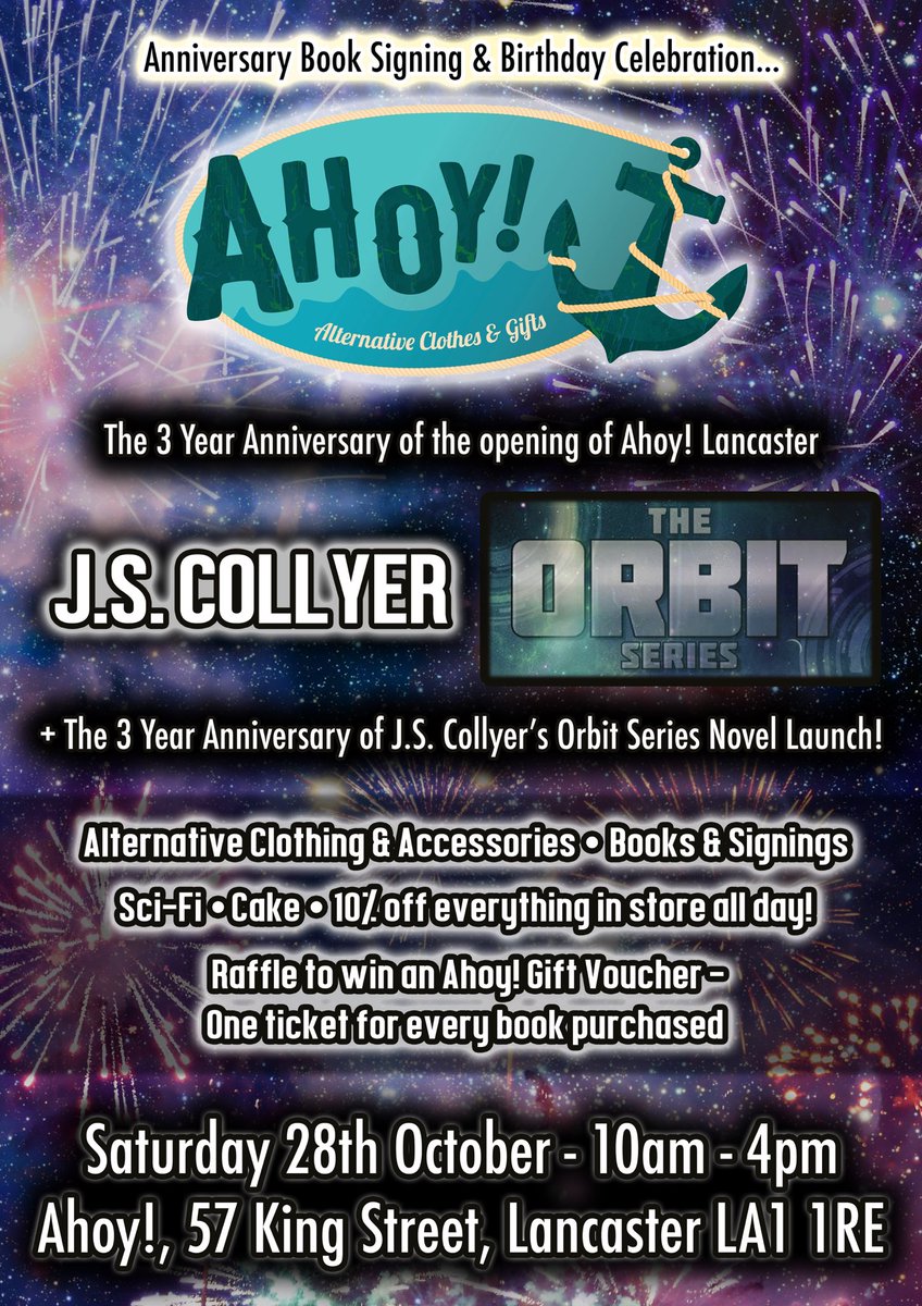JexShinigami's tweet photo. One week today, #NorthWest folks! Swing by for celebratory cake, clothes sale & signed copies of the #OrbitSeries 👠👗📘📗📕 #Lancaster #SciFi https://t.co/9xoWwO8DMP
