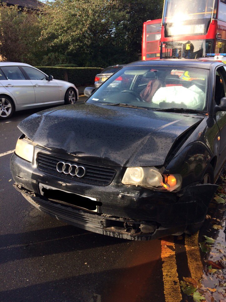 MPSNewham's tweet photo. Luckily no injuries however very badly damaged vehicle after a car vs car rtc today on Tollgate road #E16 #drivesafe #ERTPC https://t.co/kkolgjBxbj