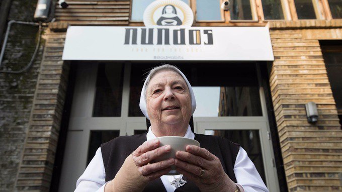 PadraigBelton's tweet photo. I'm in. Nuns are setting up a pop-up restaurant, 'Nundos', in Shoreditch.  Free food, but you've to turn off your mobile and talk to people. https://t.co/z3K3A8GseQ