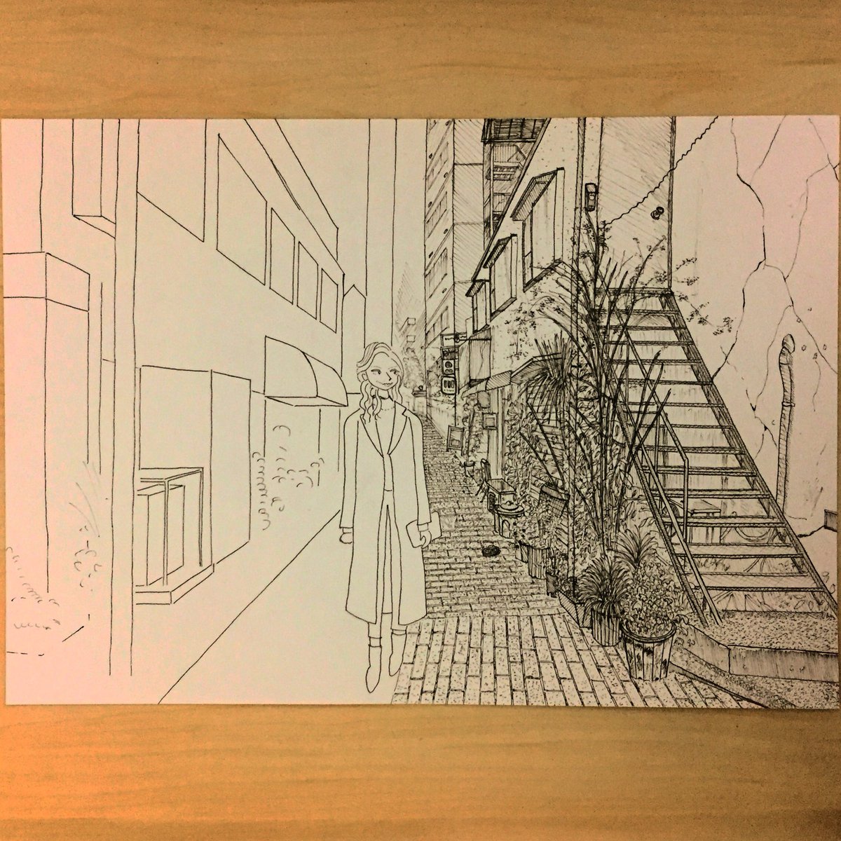 Sakki على تويتر ラフ 下絵 制作中 線画 ペン画 ミリペン アナログ 風景画 絵描きさんと繋がりたい 路地裏