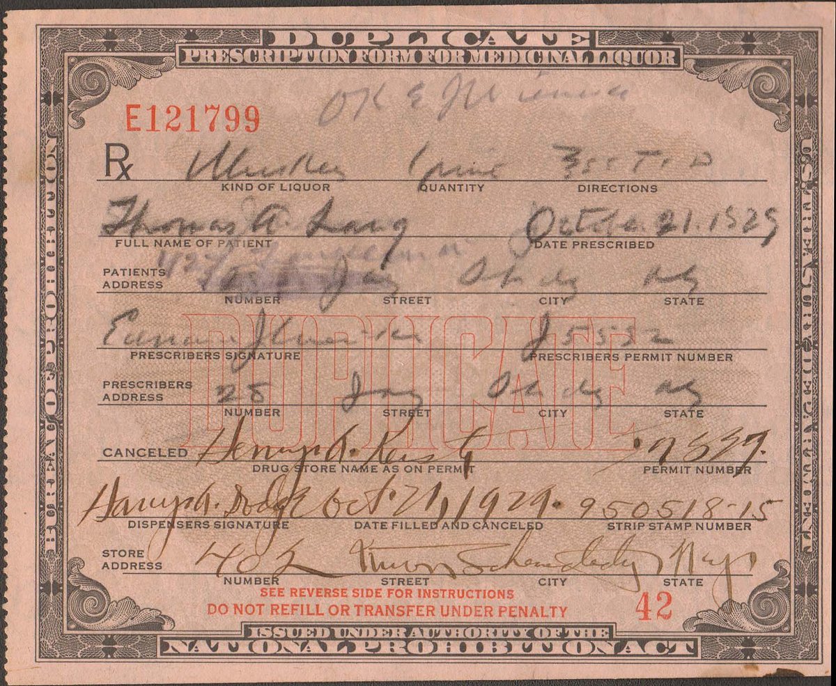 amhistorymuseum's tweet photo. Today in 1929: This prescription for whiskey is filled. During Prohibition, medicinal use of alcohol was allowed.  https://t.co/9D111rURDj https://t.co/g6Nb2rtnR8