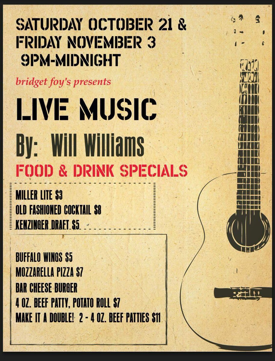 Tonight Live Music by Will Williams starting at 9pm! 🎸🎶🍻🥃🎃