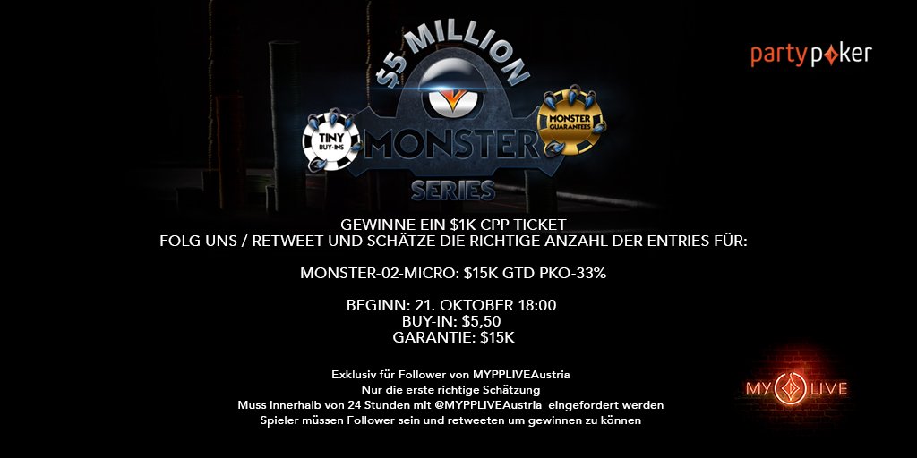 MYPPLIVEAustria's tweet photo. Tippe die exakte Anzahl an Entries vom heutigen Monster Series Event #02 bis 18.00 Uhr. #partypokerlive #monsterseries #giveaway https://t.co/4h95WavOVO