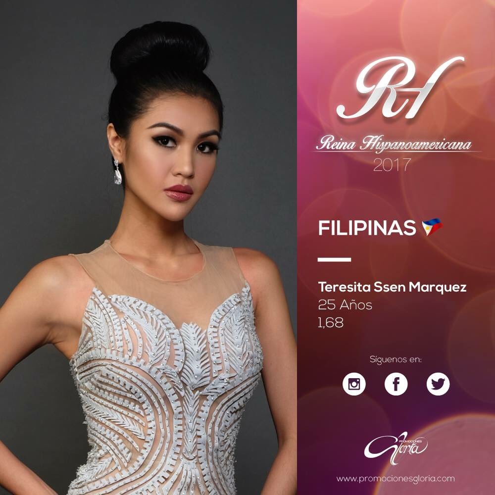 ¡Conocemos oficialmente las candidatas a #ReinaHispanoamericana2017!

Teresita Ssen Marquez, Miss Filipinas
Edad: 25 Años
Estatura: 1.68 cm
