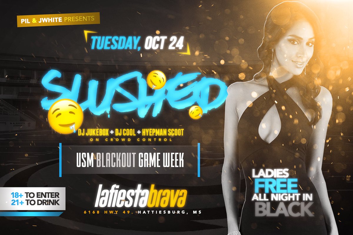 the_mcattack's tweet photo. Tues Oct 24th #SlushedParty π€€β«οΈ @djjukeboxlive @jwhite_001 @scootbox @getem_cool @NikeAirAaron @AntioneJohnso17 @_themcattack @1N0NN0N β https://t.co/pbKG9sVip3