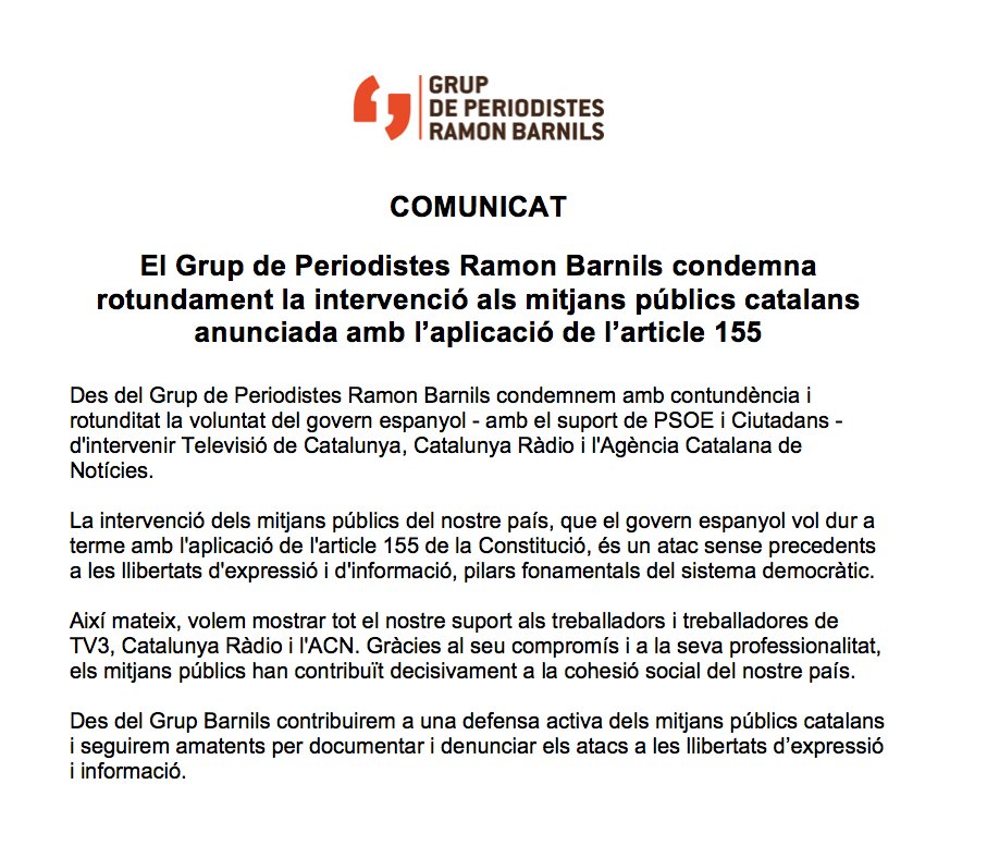 COMUNICAT | Condemnem rotundament la intervenció als mitjans públics catalans anunciada amb l’aplicació de l’article 155