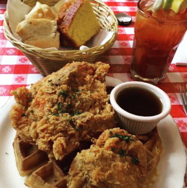 Chicken &amp; waffles with a HM bloody Mary.  What a great way to start the day! #bloodymary #brunch