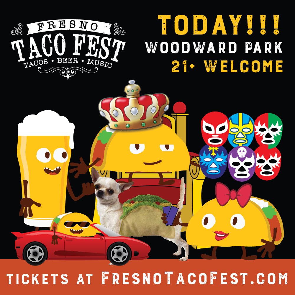 FresnoTacoFest's tweet photo. The #FresnoTacoFest is TODAY!!!

Gates open at 11AM...tickets are $30 at the door or online.

Get your here: https://t.co/KEVhMkxib0 https://t.co/BiJrzjlutN