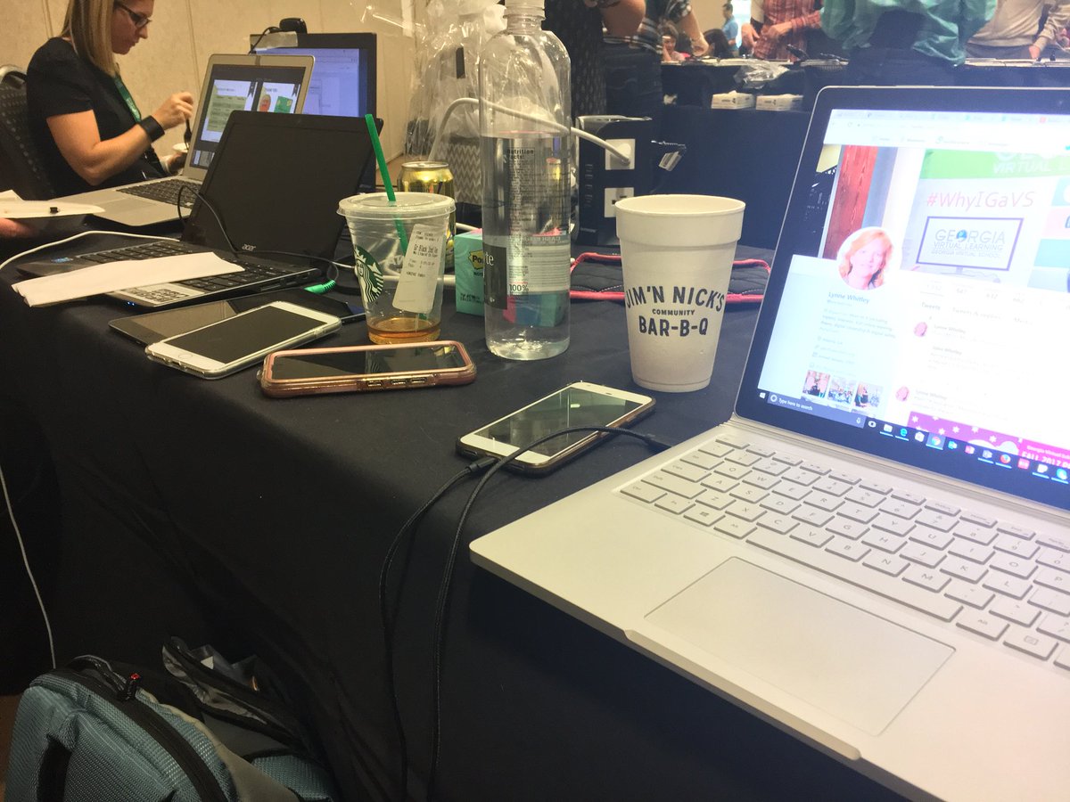 lynnewhitley's tweet photo. #fpls17 @gavirtual IT table- 8 devices, H2O, @corinnemnm #lacroix and #starbucks-what more do you need? https://t.co/gmDL4eQt2c