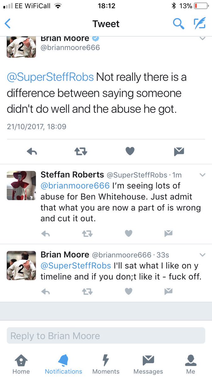 SuperSteffRobs's tweet photo. @BBCSport @SkySports bit uncalled for, all I did is question him. Shouldn’t have anybody behaving like this on a commentary team. #banmoore https://t.co/lZFYJRVDR8