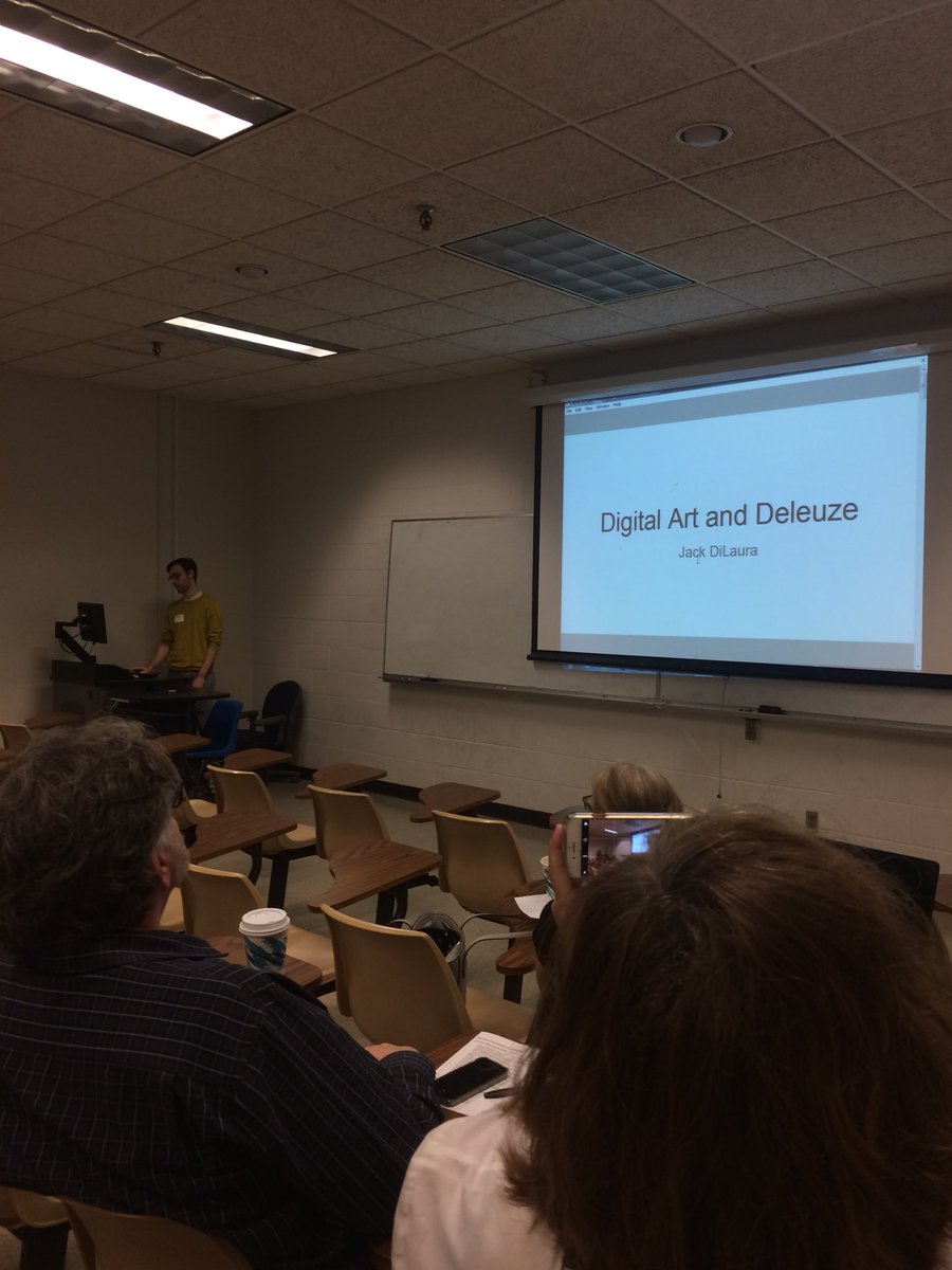 pauljaussen's tweet photo. @LawrenceTechU student Jack Dilaura speaking on Deleuze and Digital Art @DetroitDH https://t.co/0sfRgFLFYd
