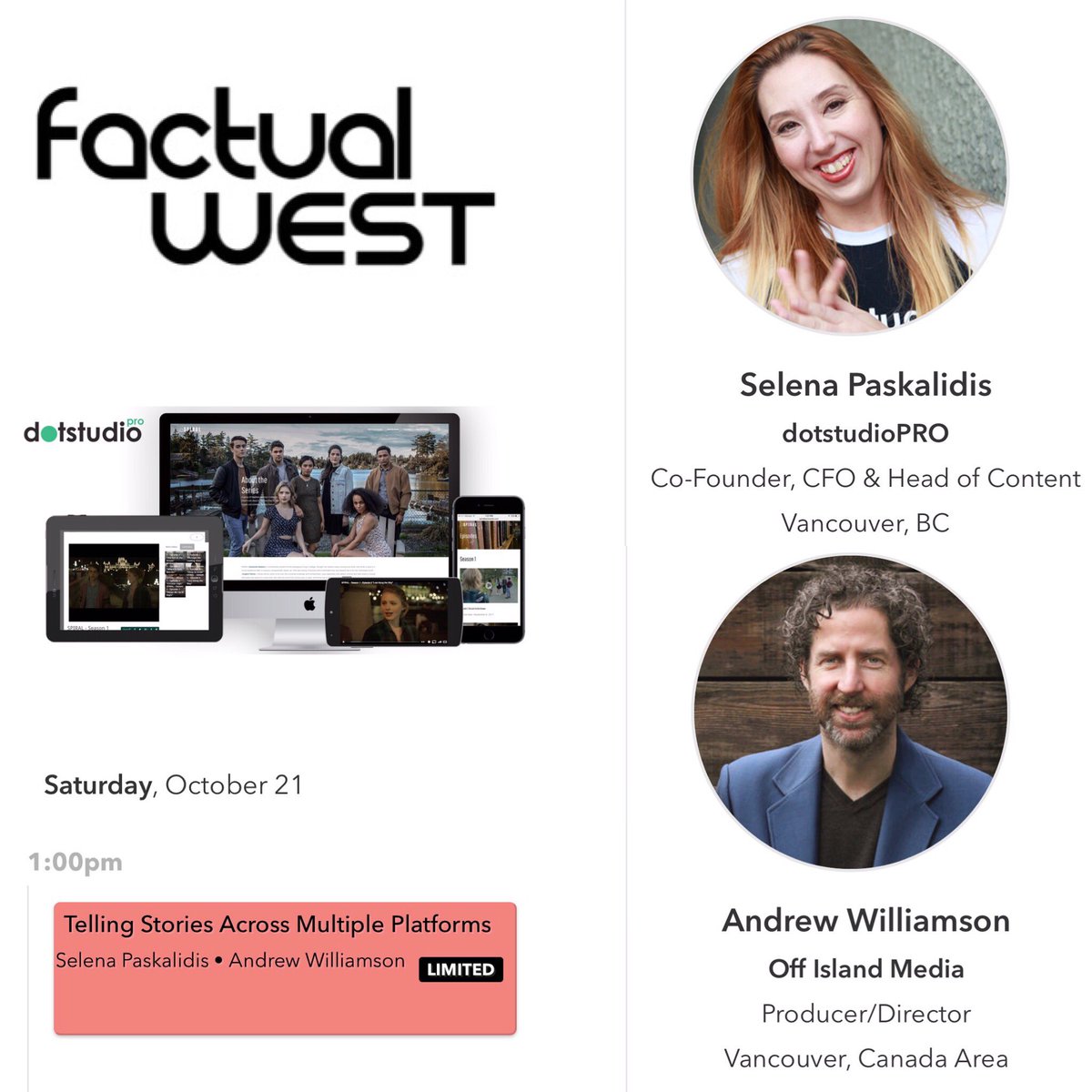 dotstudioPRO's tweet photo. Today #factualwest presents thought provoking panel #digital #webseries #success w/ @salsapasks @offislandmedia at 1pm! https://t.co/jRp0rsWQkZ