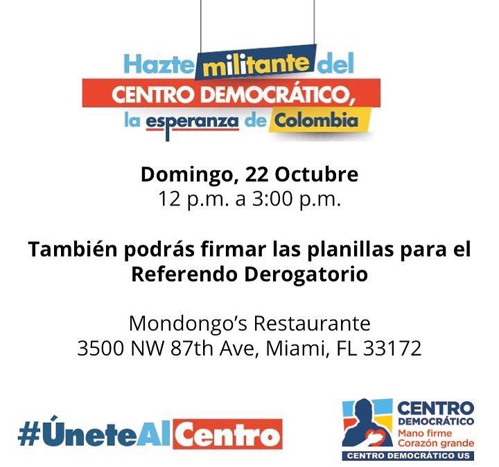JuanDaVelez's tweet photo. ATENCIÓN MIAMI: estaremos mañana en el restaurante Mondongos recogiendo firmas para el referendo derogatorio e inscripción de militantes. https://t.co/ChBDvfEuoO