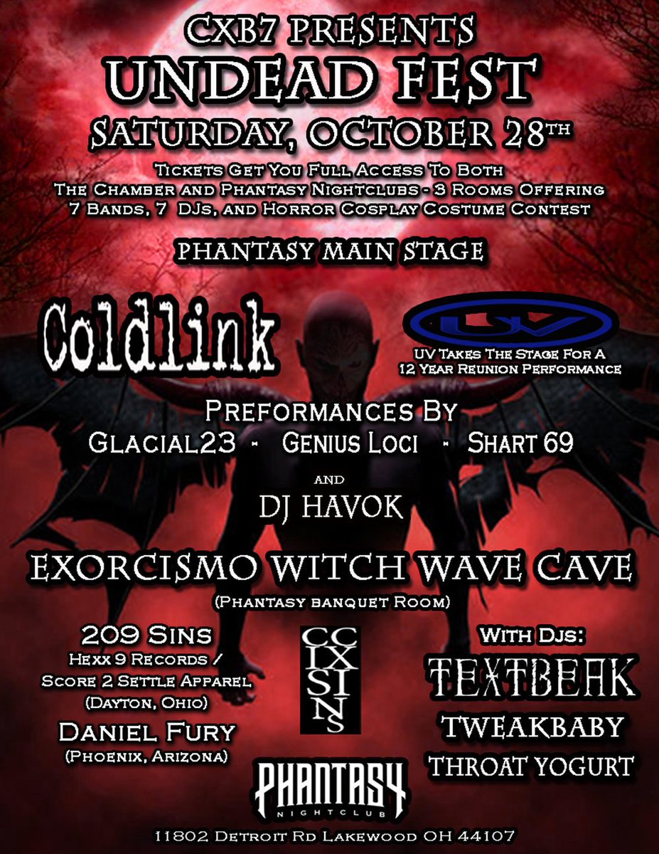 THEPHANTASY's tweet photo. Next Week! CXB7 Presents Undead Fest w/ @coldlink_band  / UV / @glacialComms / Genius Loci / Shart 69 / @DJ_Havok https://t.co/ha6doV8MLA