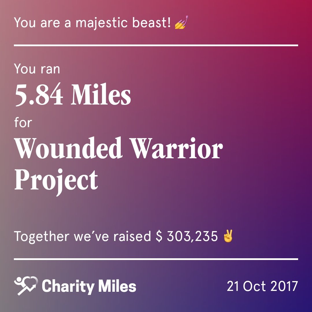 LittleMrHolmes's tweet photo. 5.84 @CharityMiles for @wwp. Thx 2 #JNJ &amp; @DonateAPhoto. 
https://t.co/oKjPKzToVH https://t.co/XtJ5JdGKZt